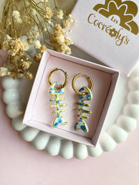 Pampilles ARÊTE de POISSON motifs fleuris bleu doré - boucles d’oreilles interchangeables