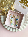 Pampilles ARÊTE de POISSON motifs fleuris bleu doré - boucles d’oreilles interchangeables