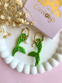Pampilles PAOLA queue de sirène vert nacré + pampilles perle d'eau douce - boucles d’oreilles interchangeables