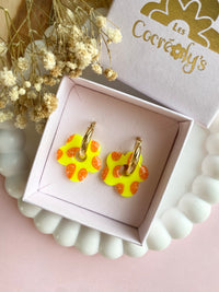 Pampilles FLORALIE réversibles motifs rondelles de fruits, jaune fluo ou bleu - boucles d’oreilles interchangeables