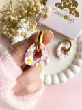 Pampilles AMBRE réversibles rose ou jaune avec motifs marguerites - boucles d’oreilles interchangeables