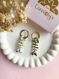 Pampilles ARÊTE de POISSON motifs fleuris bleu doré - boucles d’oreilles interchangeables