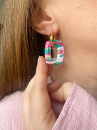Pampilles ÉZIA marbré émeraude, framboise, rose doux et pointe de doré - boucles d’oreilles interchangeables
