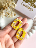 Pampilles ÉZIA marbré jaune, jaune soleil, blanc et doré - boucles d’oreilles interchangeables