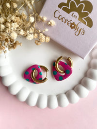 Pampilles AMBRE réversibles framboise motifs à pois vert émeraude - boucles d’oreilles interchangeables