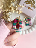 Pampilles ÉZIA marbré émeraude, framboise, rose doux et pointe de doré - boucles d’oreilles interchangeables