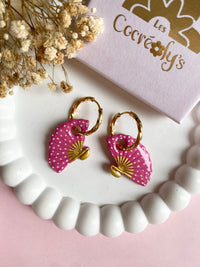 Pampilles MAÏNA éventail rose à points blancs ou motifs toucan hibiscus - boucles d’oreilles interchangeables