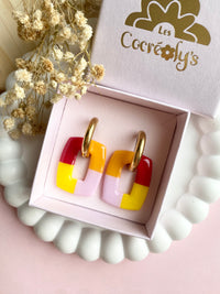 Pampilles ÉZIA couleurs jaune, jaune soleil, rouge cerise et rose doux - boucles d’oreilles interchangeables