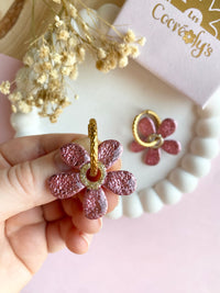 Pampilles NAÏA réversibles rose pâle, recto métallisé coeur pailleté et verso motifs à pois blancs - boucles d’oreilles interchangeables