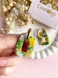 Pampilles ÉZIA marbré jaune mangue, vert tropical, bleu ciel et doré - boucles d’oreilles interchangeables