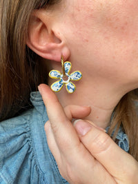 Pampilles NAÏA motifs fleuris bleu doré - boucles d’oreilles interchangeables