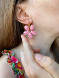 Pampilles NAÏA réversibles rose intense, recto métallisé coeur pailleté et verso motifs à pois blancs - boucles d’oreilles interchangeables