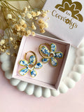 Pampilles NAÏA motifs fleuris bleu doré - boucles d’oreilles interchangeables