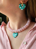 Pampilles INAYA réversibles vert émeraude avec motif à pois rose doux - boucles d’oreilles interchangeables