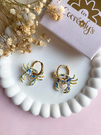 Pampilles PACO crabe motifs fleuris bleu doré + pampilles perle d'eau douce - boucles d’oreilles interchangeables