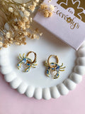 Pampilles PACO crabe motifs fleuris bleu doré + pampilles perle d'eau douce - boucles d’oreilles interchangeables