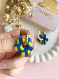 Pampilles FLORALIE réversibles motifs rondelles de fruits, jaune fluo ou bleu - boucles d’oreilles interchangeables