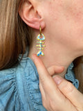 Pampilles ARÊTE de POISSON motifs fleuris bleu doré - boucles d’oreilles interchangeables