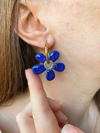 Pampilles NAÏA réversibles bleu, recto métallisé coeur pailleté et verso motifs à pois blancs - boucles d’oreilles interchangeables