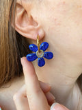 Pampilles NAÏA réversibles bleu, recto métallisé coeur pailleté et verso motifs à pois blancs - boucles d’oreilles interchangeables