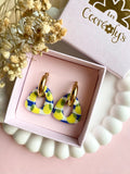 Pampilles AMBRE réversibles écru ou à rayures bleu roi et blanc avec motifs citrons - boucles d’oreilles interchangeables
