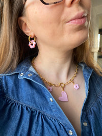Pampilles MARIETTE réversibles rose cœurs rouges - boucles d’oreilles interchangeables