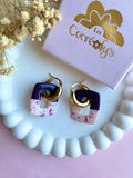 Pampilles ÉZIA prune et beige éclats framboise intense bleu lavande - boucles d’oreilles interchangeables