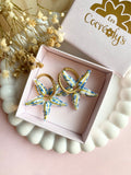 Pampilles STELLA étoile de mer blanche motifs fleuris bleu doré - boucles d’oreilles interchangeables