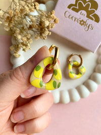 Pampilles AMBRE réversibles écru ou à rayures bleu roi et blanc avec motifs citrons - boucles d’oreilles interchangeables
