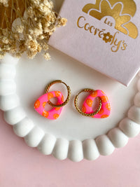 Pampilles AMBRE réversibles motifs rondelles de fruits, rose fluo ou vert fluo - boucles d’oreilles interchangeables