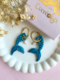 Pampilles PAOLA queue de sirène bleu lagon nacré + pampilles perle d'eau douce - boucles d’oreilles interchangeables