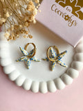 Pampilles STELLA étoile de mer blanche motifs fleuris bleu doré - boucles d’oreilles interchangeables