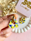Pampilles AMBRE réversibles écru ou à rayures bleu roi et blanc avec motifs citrons - boucles d’oreilles interchangeables