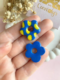 Pampilles FLORALIE réversibles motifs rondelles de fruits, jaune fluo ou bleu - boucles d’oreilles interchangeables