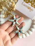 Pampilles STELLA étoile de mer blanche motifs fleuris bleu doré - boucles d’oreilles interchangeables