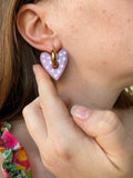Pampilles ASTRID réversibles mauve, recto métallisé et verso motifs coeurs blancs - boucles d’oreilles interchangeables