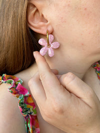Pampilles NAÏA réversibles rose pâle, recto métallisé coeur pailleté et verso motifs à pois blancs - boucles d’oreilles interchangeables