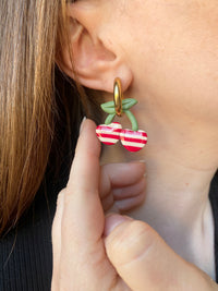 Pampilles cerise à rayures rouge et beige SERENA - boucles d’oreilles interchangeables