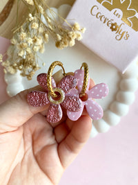 Pampilles NAÏA réversibles rose pâle, recto métallisé coeur pailleté et verso motifs à pois blancs - boucles d’oreilles interchangeables