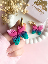 Pampilles MELLY, de jolis papillons dégradés framboise, émeraude, rose doux - boucles d’oreilles interchangeables