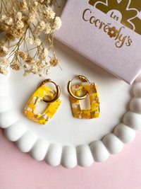 Pampilles ÉZIA marbré jaune, jaune soleil, blanc et doré - boucles d’oreilles interchangeables