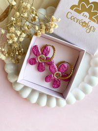 Pampilles NAÏA réversibles rose intense, recto métallisé coeur pailleté et verso motifs à pois blancs - boucles d’oreilles interchangeables