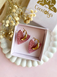 Pampilles ASTRID réversibles rose pâle, recto métallisé et verso motifs coeurs blancs - boucles d’oreilles interchangeables