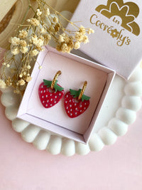 Pampilles SERENA fraise rouge strié pailletée à points blancs - boucles d’oreilles interchangeable