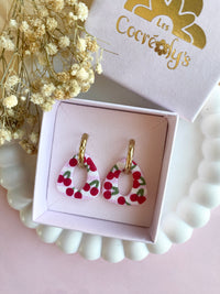 Pampilles AMBRE réversibles écru ou à rayures rose et blanc avec motifs cerises - boucles d’oreilles interchangeables