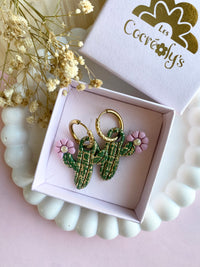 Pampilles ORIANA cactus doré rose ou vert - boucles d’oreilles interchangeables