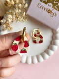 Pampilles AMBRE réversibles écru avec motifs fraises - boucles d’oreilles interchangeables