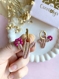 Pampilles ORIANA cactus doré rose ou vert - boucles d’oreilles interchangeables