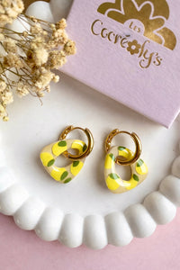 Pampilles AMBRE réversibles écru ou à rayures bleu roi et blanc avec motifs citrons - boucles d’oreilles interchangeables