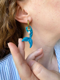 Pampilles PAOLA queue de sirène bleu lagon nacré + pampilles perle d'eau douce - boucles d’oreilles interchangeables